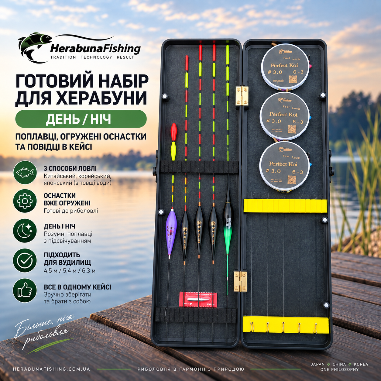 Готовий набір для Херабуни День/Ніч  поплавці, огружені оснастки та повідці в кейсі HerabunaFishing